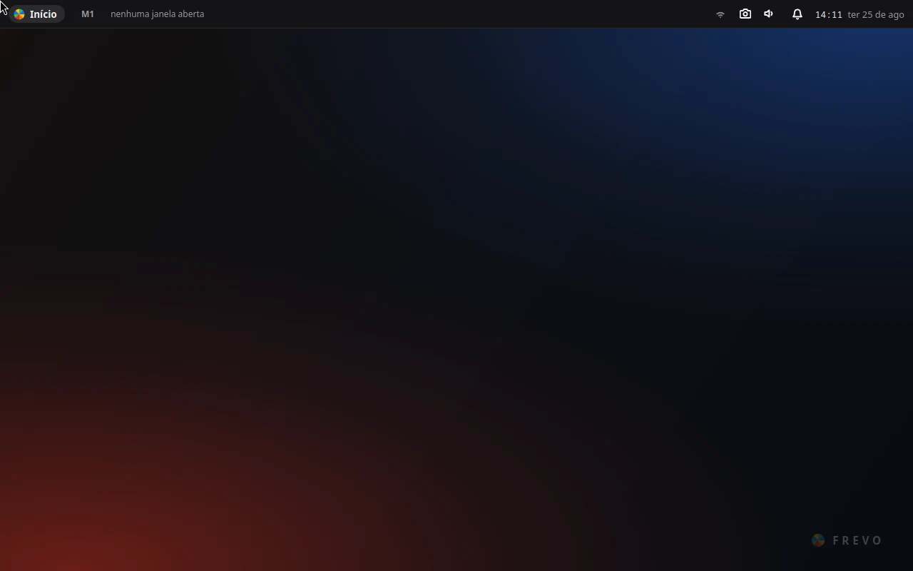 Área de trabalho vazia do Frevo OS: painel superior com o botão Início, e o wallpaper escuro com luzes azul e vermelha.