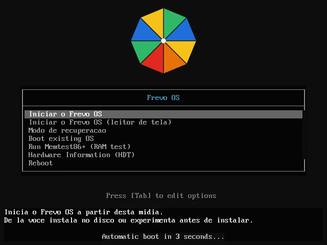 Menu de boot da mídia do Frevo OS em modo BIOS, com a sombrinha no topo e as opções Iniciar o Frevo OS, leitor de tela, modo de recuperação e Memtest.
