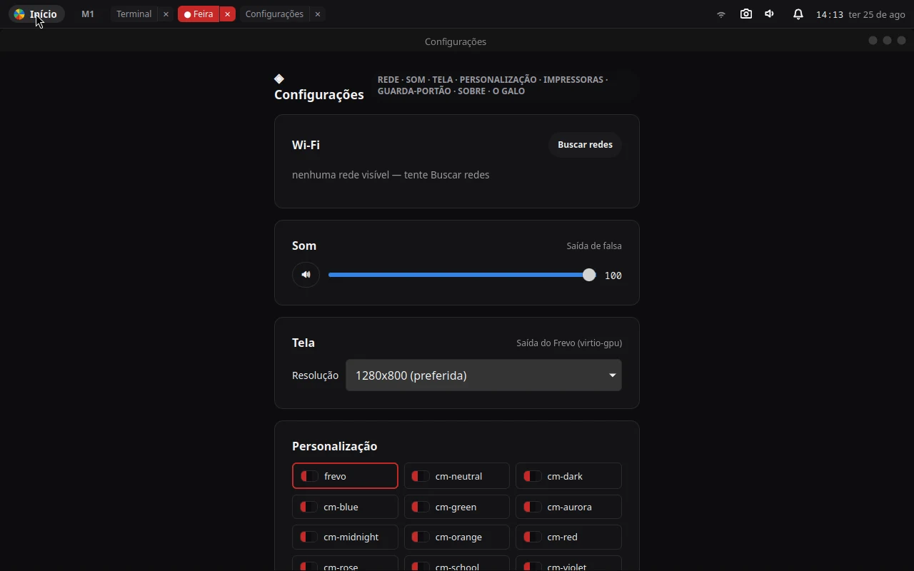 App Configurações com os módulos Wi-Fi, Som, Tela e Personalização, com a lista de temas.