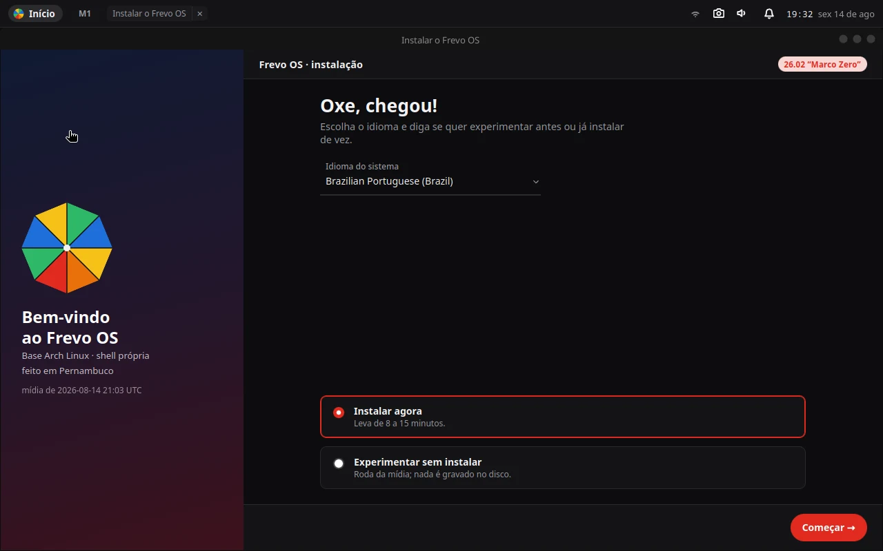 Tela inicial do instalador: “Oxe, chegou!”, escolha de idioma, e as opções Instalar agora ou Experimentar sem instalar.