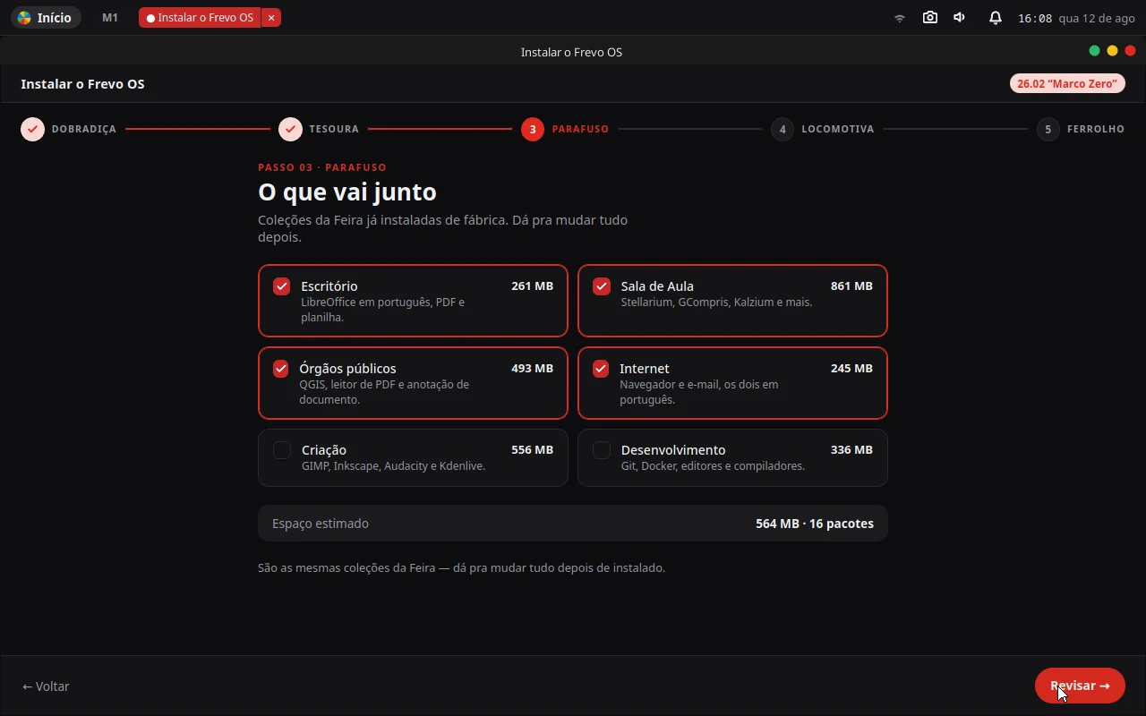 Tela “O que vai junto”: coleções Escritório, Sala de Aula, Órgãos públicos, Internet, Criação e Desenvolvimento, com tamanho estimado.