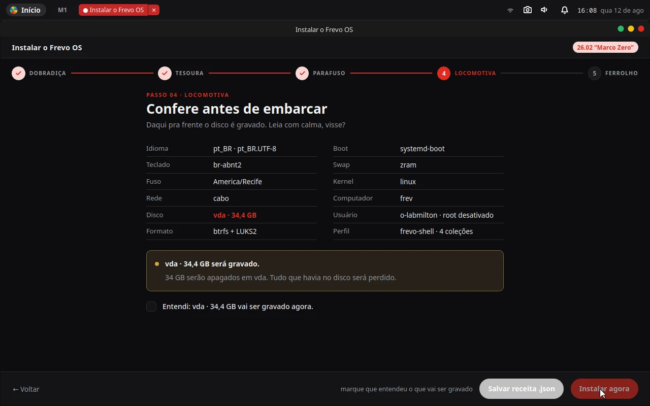 Tela “Confere antes de embarcar”: resumo de idioma, teclado, fuso, disco, formato, usuário, e o aviso de que o disco será apagado.