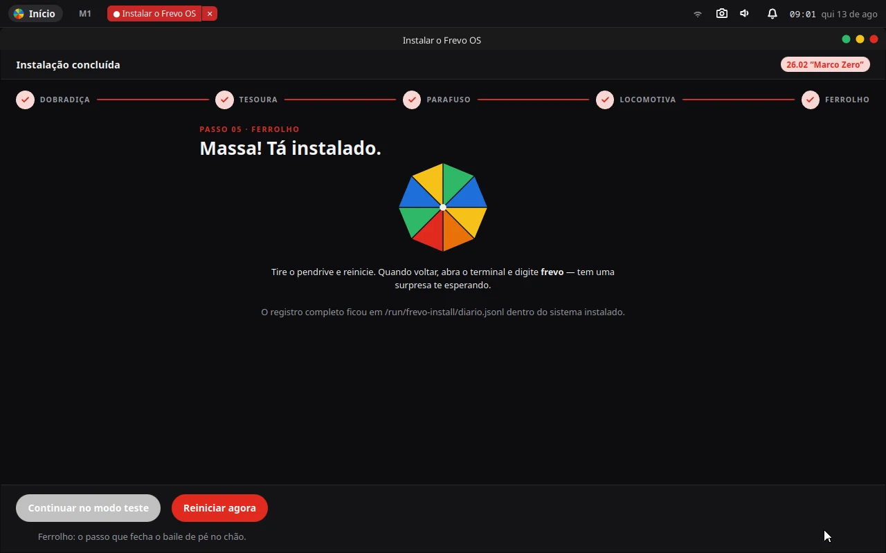 Tela final “Massa! Tá instalado.” com a sombrinha e os botões Continuar no modo teste e Reiniciar agora.