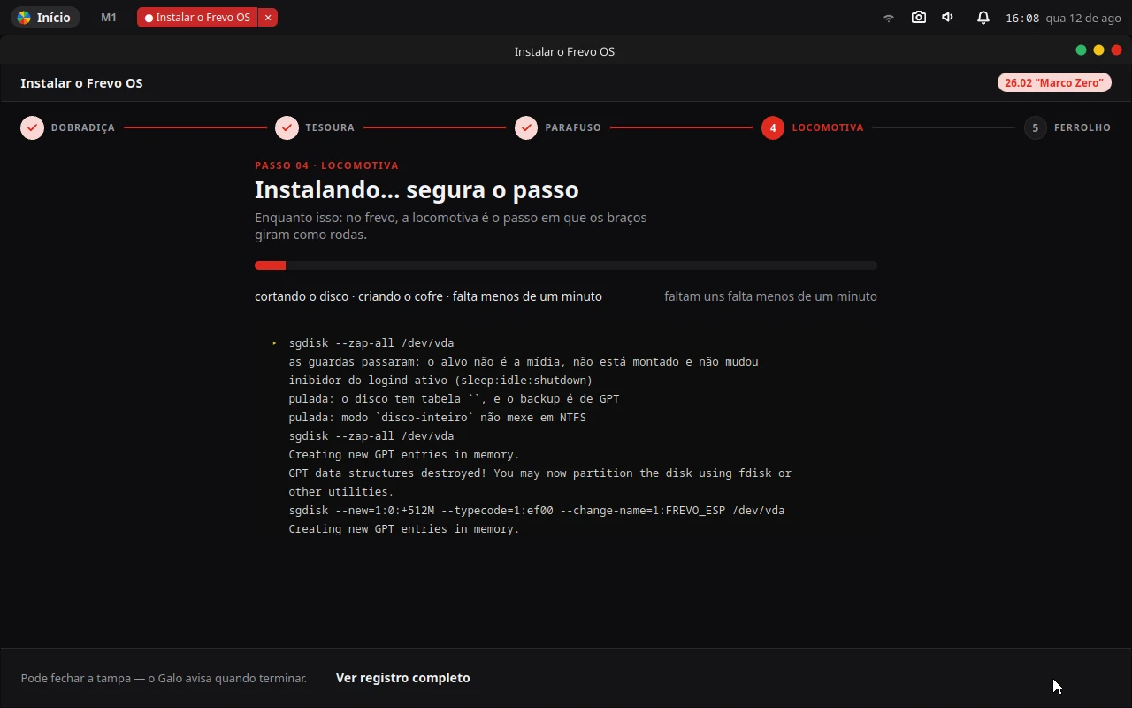 Tela “Instalando… segura o passo”, com a barra de progresso e o registro do pacstrap.