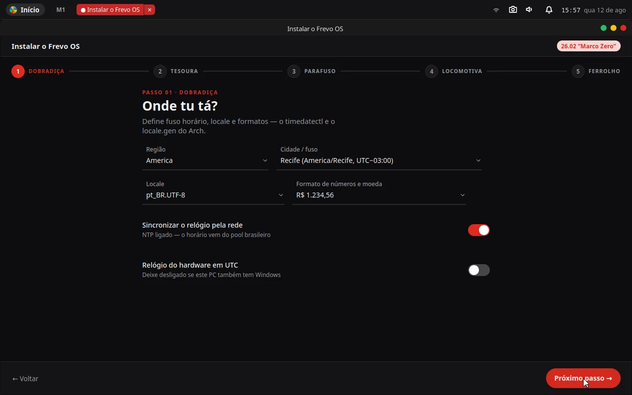 Tela “Onde tu tá?” com região, cidade e fuso, locale pt_BR.UTF-8 e formato de moeda.