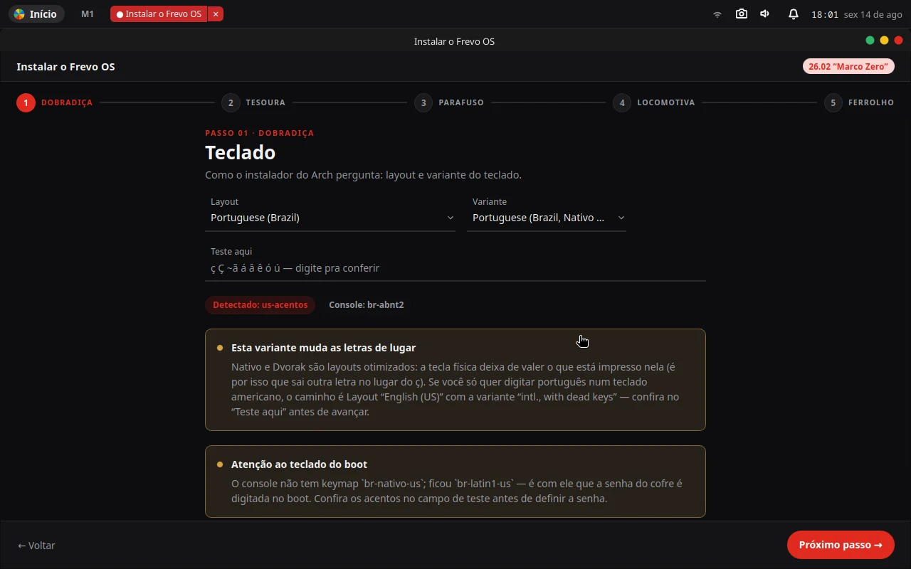 Passo Dobradiça, tela Teclado, com layout e variante e um aviso sobre a variante escolhida mudar as letras de lugar.
