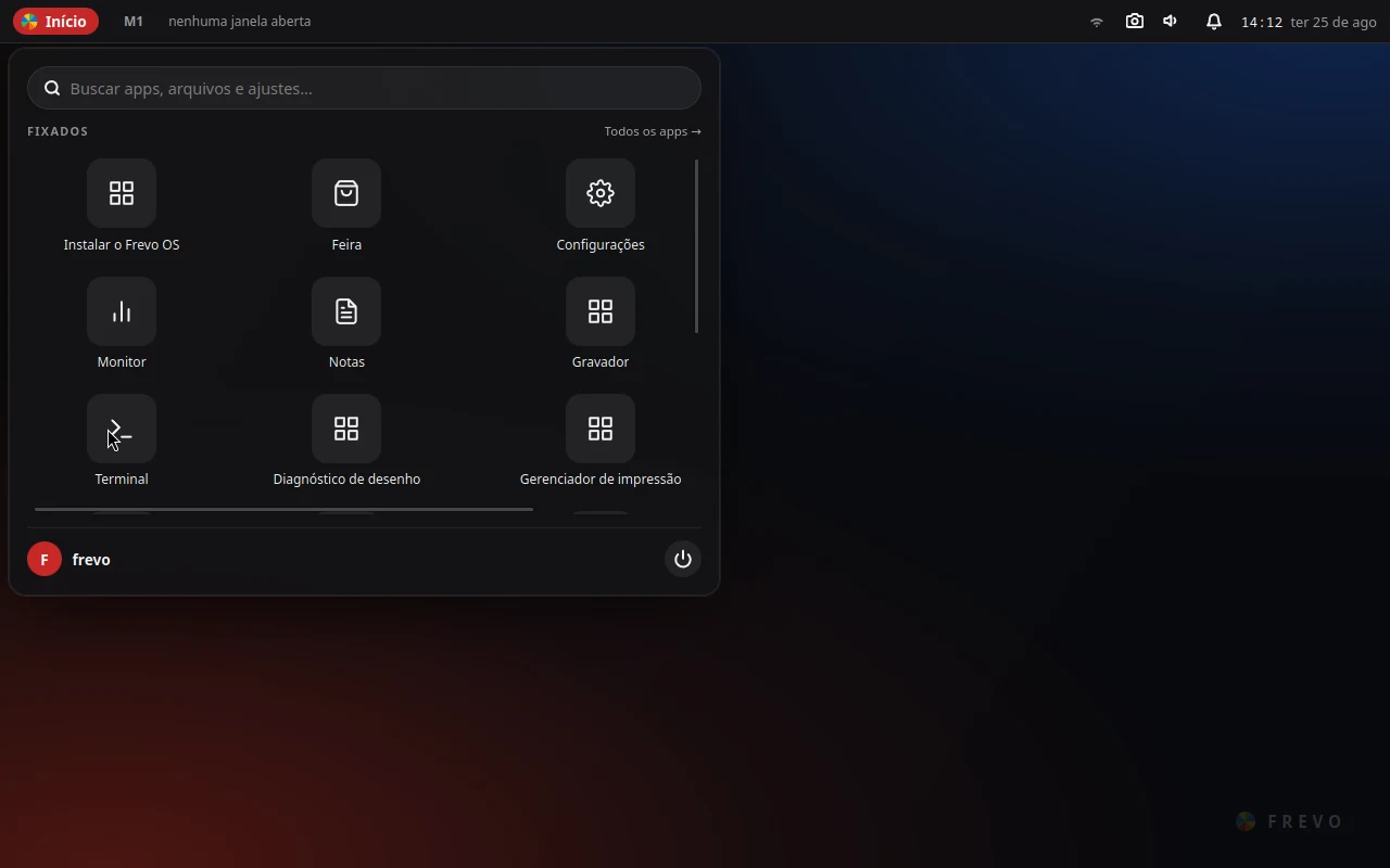 Área de trabalho do Frevo OS com o menu Início aberto, mostrando os apps fixados: Instalar, Feira, Configurações, Monitor, Notas, Gravador, Terminal…
